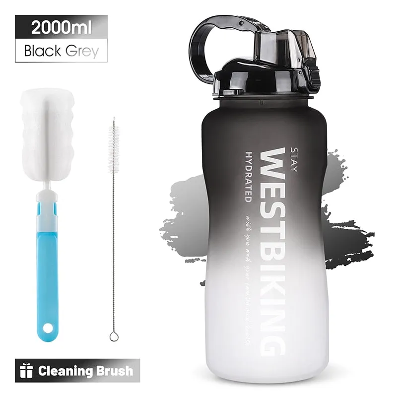 2L Fitness Water Bottle Gradient Color Cycling Running Sport Large Capacity Portable Bottle With Cleaning Cup Brush