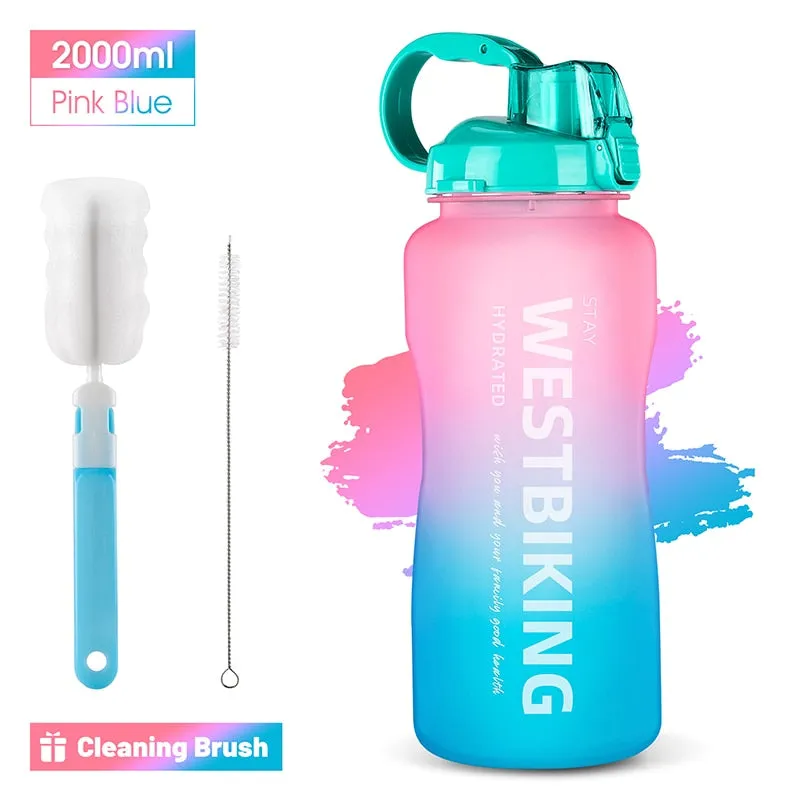 2L Fitness Water Bottle Gradient Color Cycling Running Sport Large Capacity Portable Bottle With Cleaning Cup Brush