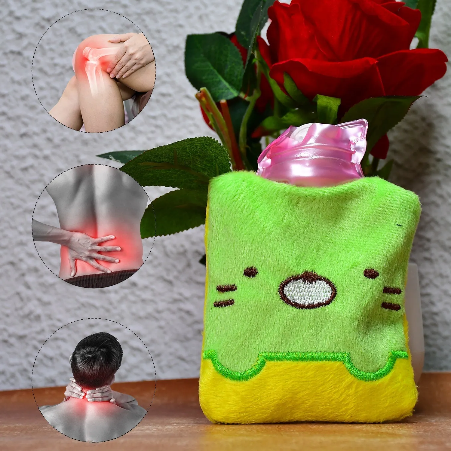 6514 Green Kitty small Hot Water Bag with Cover for Pain Relief, Neck, Shoulder Pain and Hand, Feet Warmer, Menstrual Cramps.