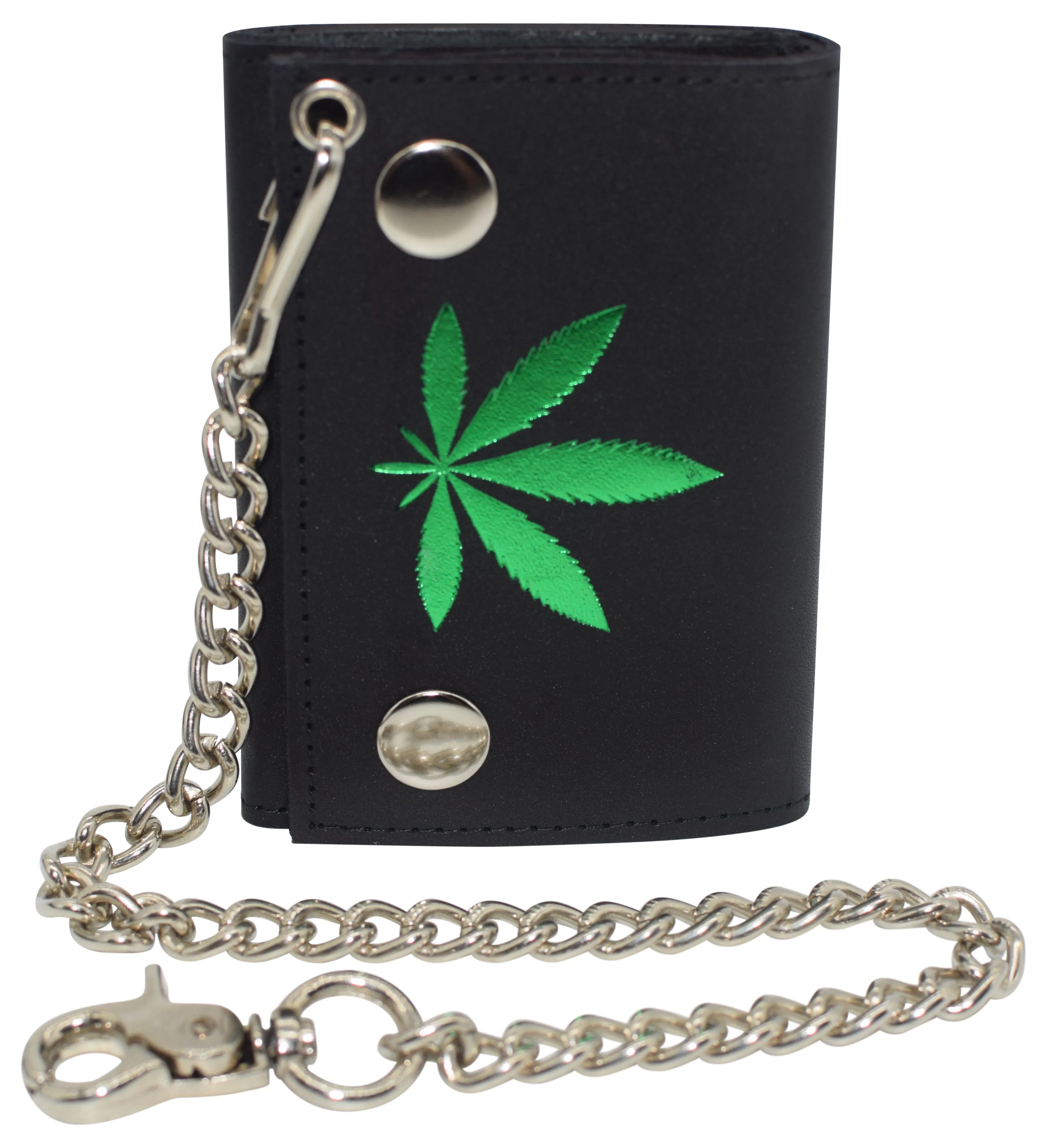 946-58 Marijuana Leaf Men's Tri-fold Biker Cowhide Leather RFID Blocking Steel Chain Wallet Snap closure