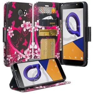 Alcatel Fierce XL2 Case, Fierce XL2 Wallet Case, Wrist Strap Pu Leather Wallet Case [Kickstand] with ID & Credit Card Slots - Heart Butterflies