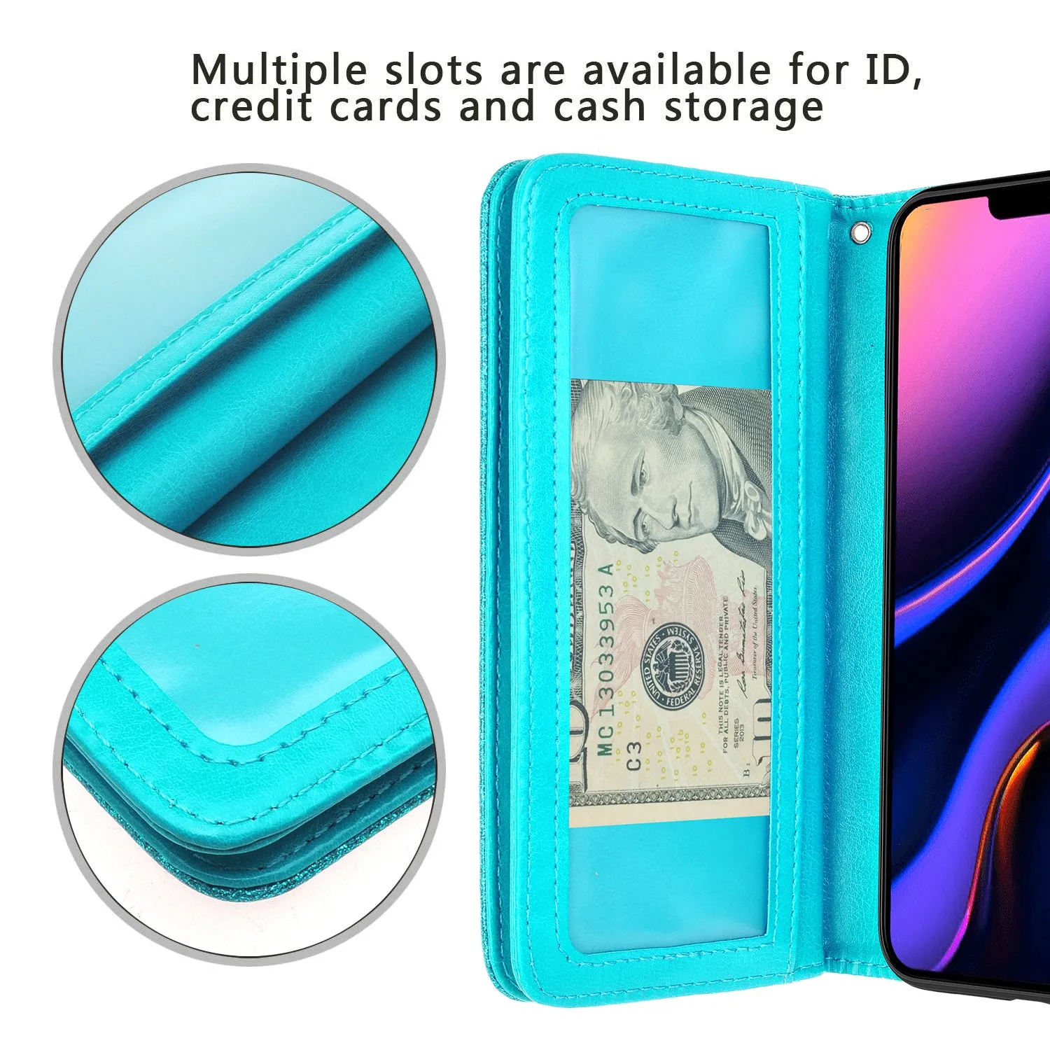 Apple iPhone 11 Case, iPhone 11 Case, Glitter Faux Leather Flip Credit Card Holder Wrist Strap Shockproof Protective Wallet Case Clutch for iPhone 11 - Teal