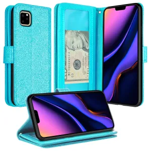 Apple iPhone 11 Pro Max Case, iPhone 11 Pro Max Case, Glitter Faux Leather Flip Credit Card Holder Wrist Strap Shockproof Protective Wallet Case Clutch for iPhone 11 Pro Max - Teal