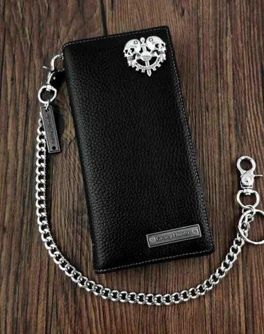 Badass Black Leather Men's Punk Long Biker Chain Wallet Skull Bifold Chain Long Wallet For Men