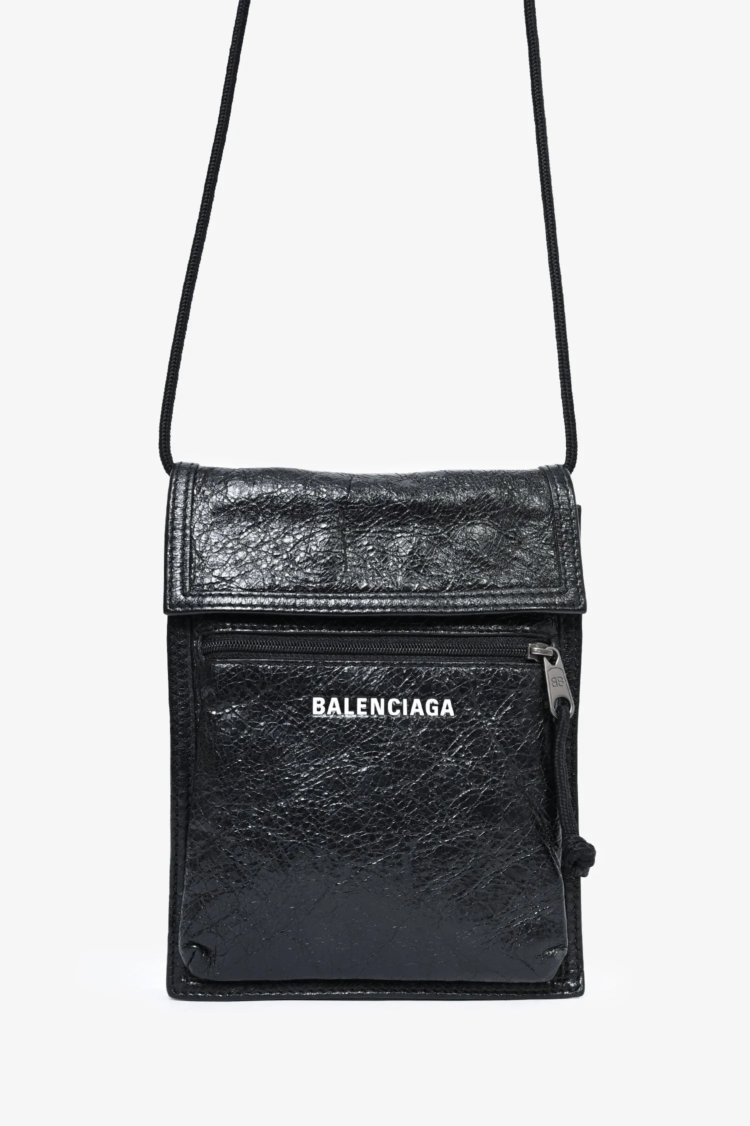 Balenciaga Black Crinkled Leather Explorer Pouch Crossbody