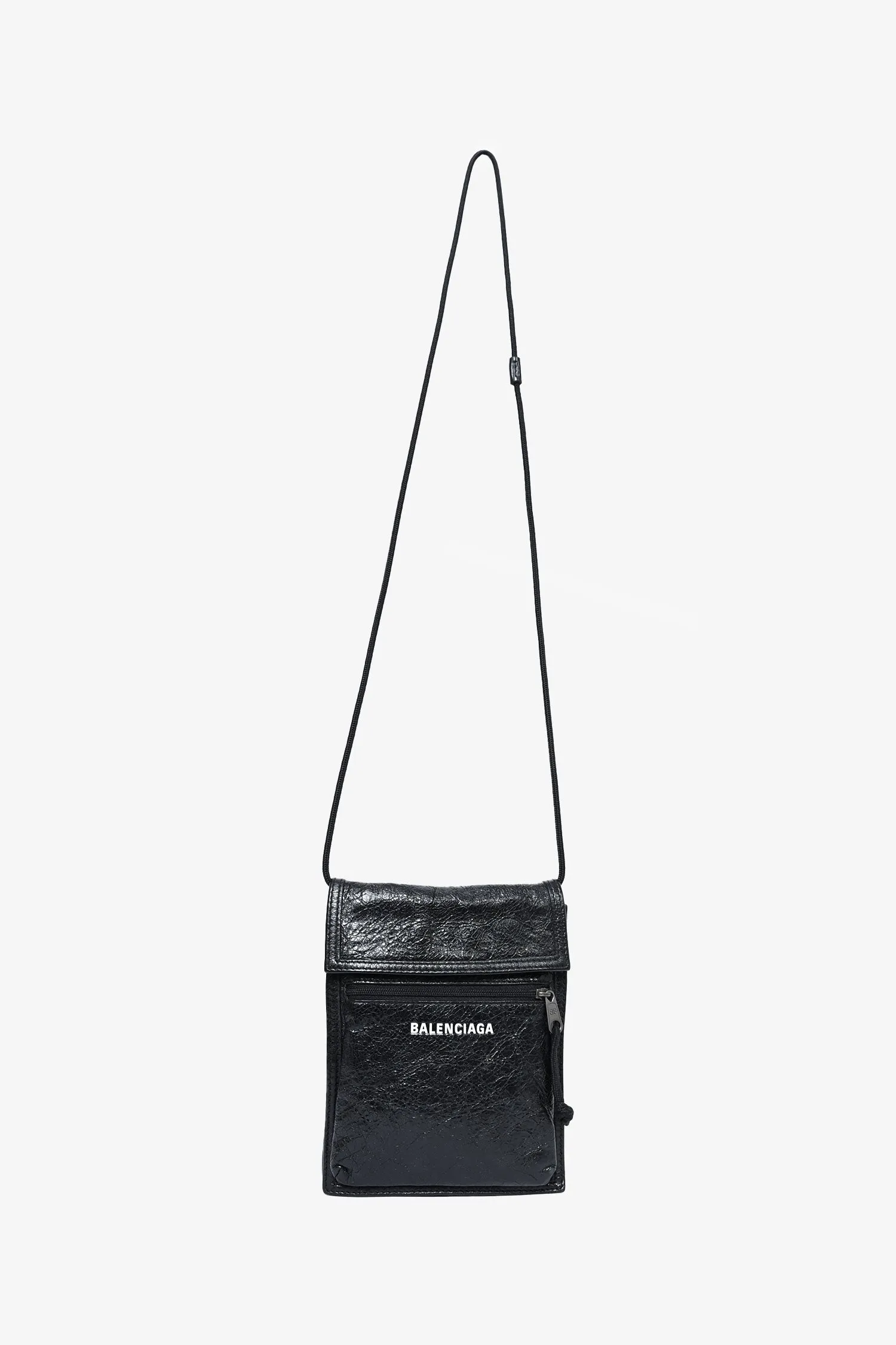 Balenciaga Black Crinkled Leather Explorer Pouch Crossbody