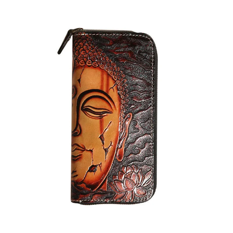 Black Tooled Buddha Leather Wallets Handmade Zipper Long Wallets For Men