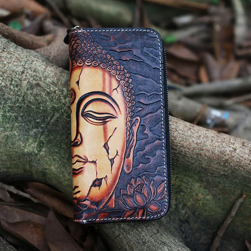 Black Tooled Buddha Leather Wallets Handmade Zipper Long Wallets For Men