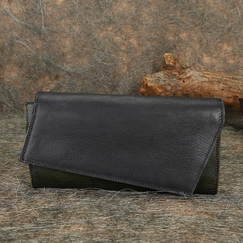 Black&Green Womens Geometry Leather Trifold Long Wallet Vintage Clutch Wallet for Ladies