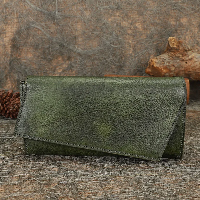 Black&Green Womens Geometry Leather Trifold Long Wallet Vintage Clutch Wallet for Ladies