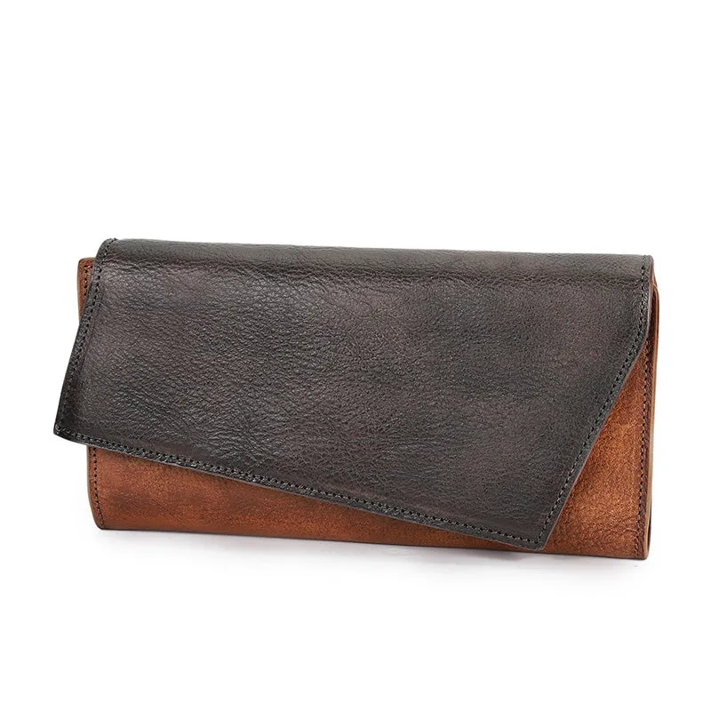 Black&Green Womens Geometry Leather Trifold Long Wallet Vintage Clutch Wallet for Ladies