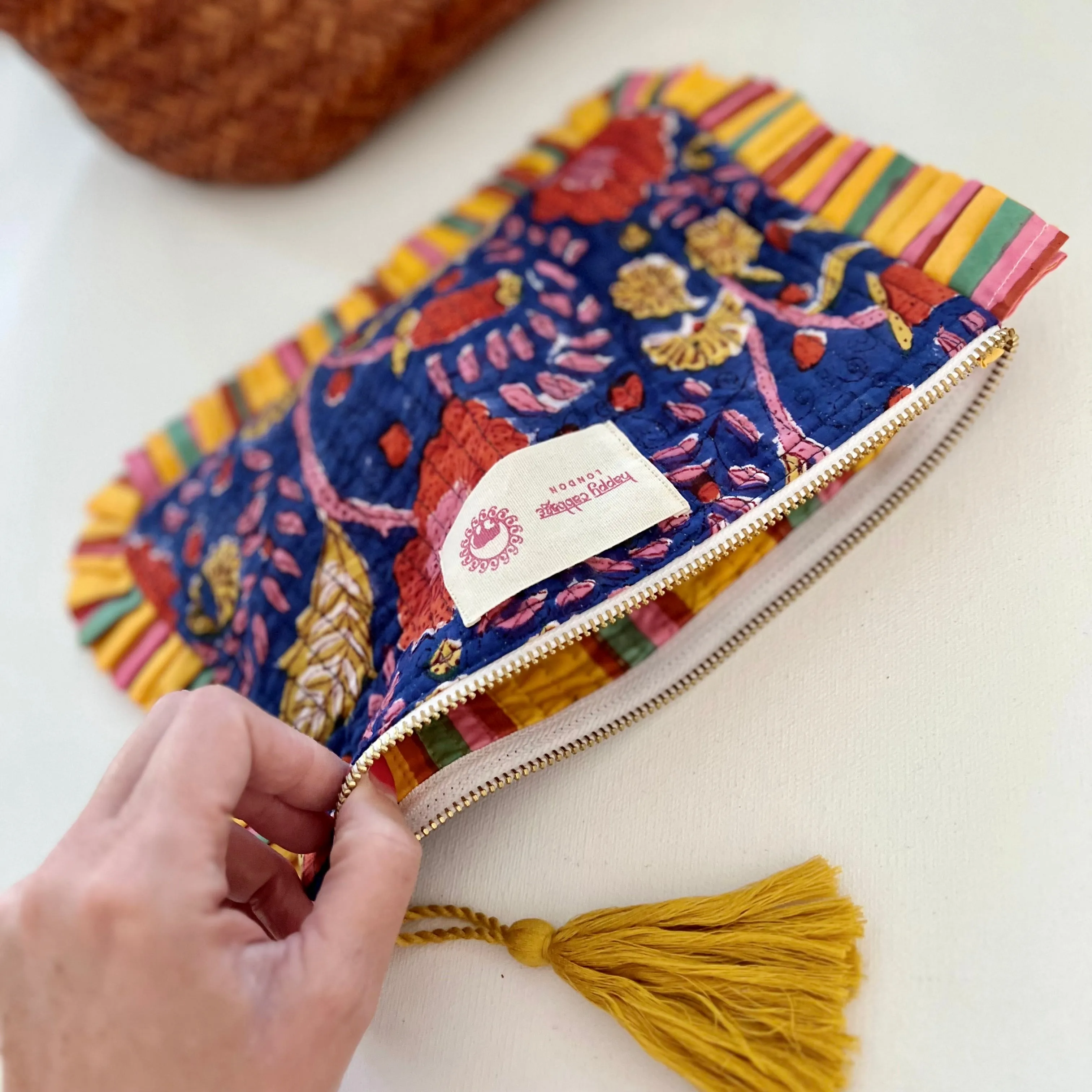 Block Printed Cotton Pouch - Blue, Red & Yellow