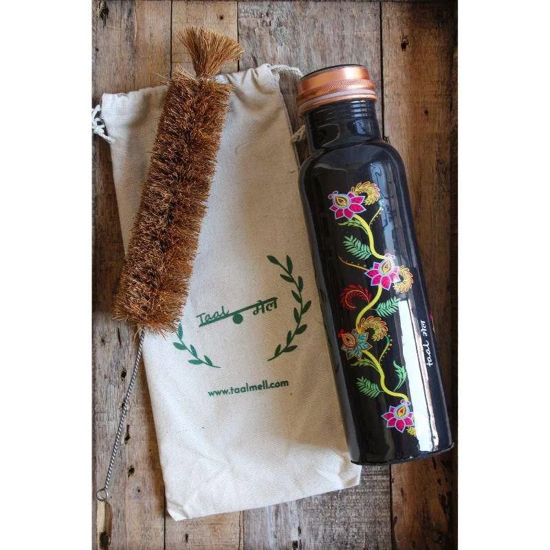 Bohemian Floral Copper Bottle - 1 Ltr with Free Cotton bag, Copper Purity certificate