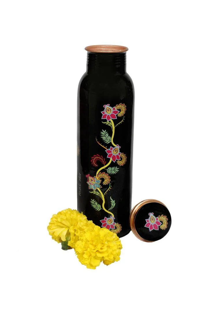 Bohemian Floral Copper Bottle - 1 Ltr with Free Cotton bag, Copper Purity certificate