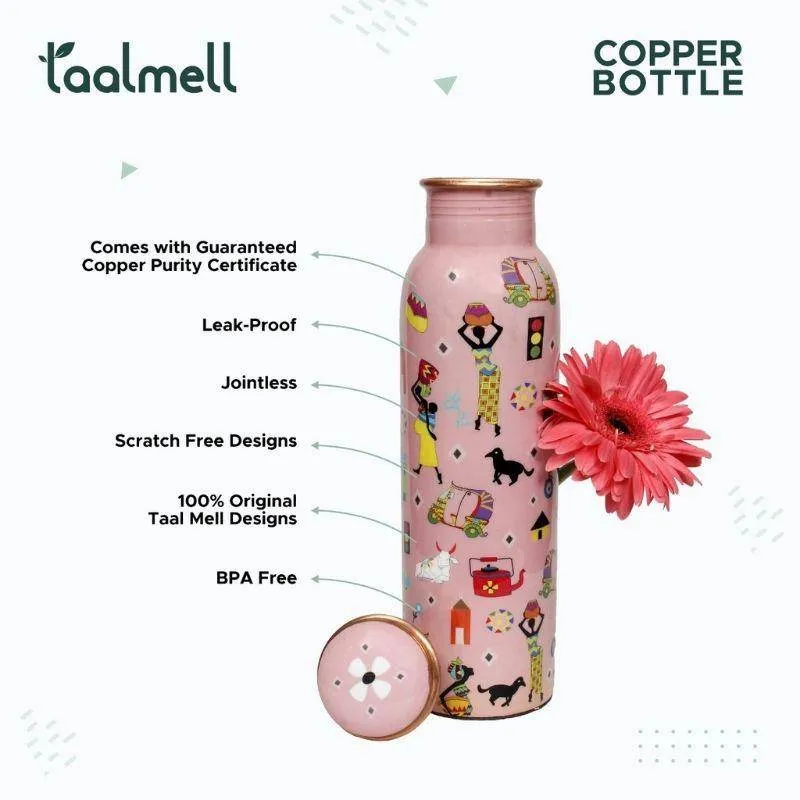 Bohemian Floral Copper Bottle - 1 Ltr with Free Cotton bag, Copper Purity certificate