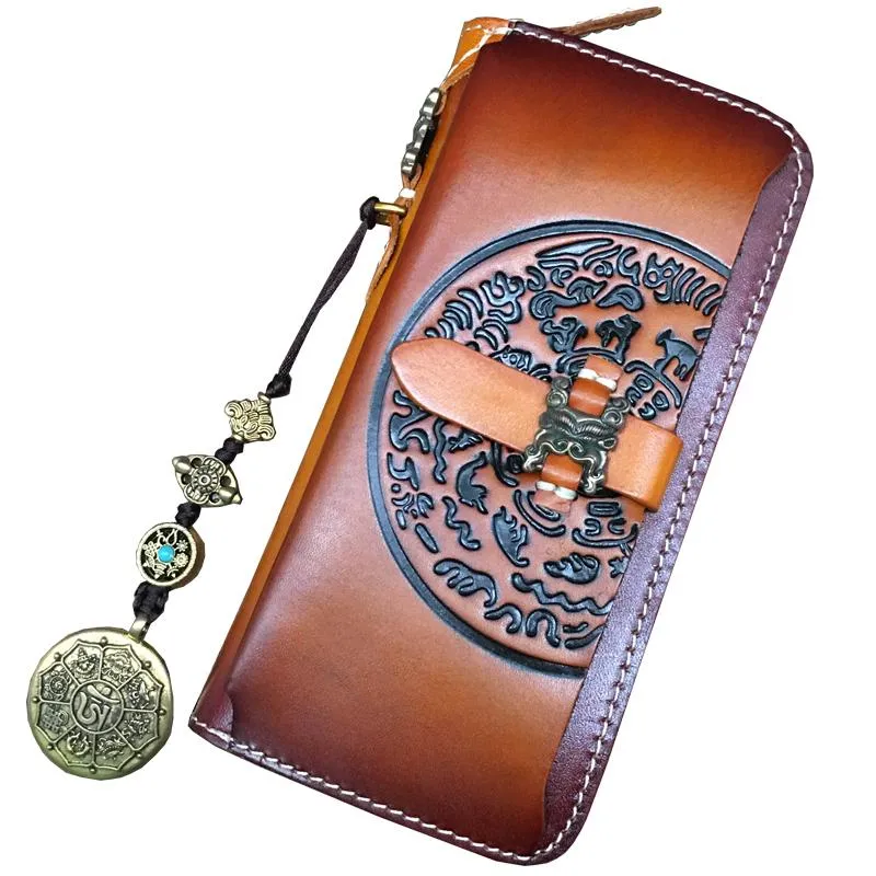 Brown Handmade Tibet Tooled Leather Long Biker Wallet Black Chain Wallet Clutch Wallet For Men