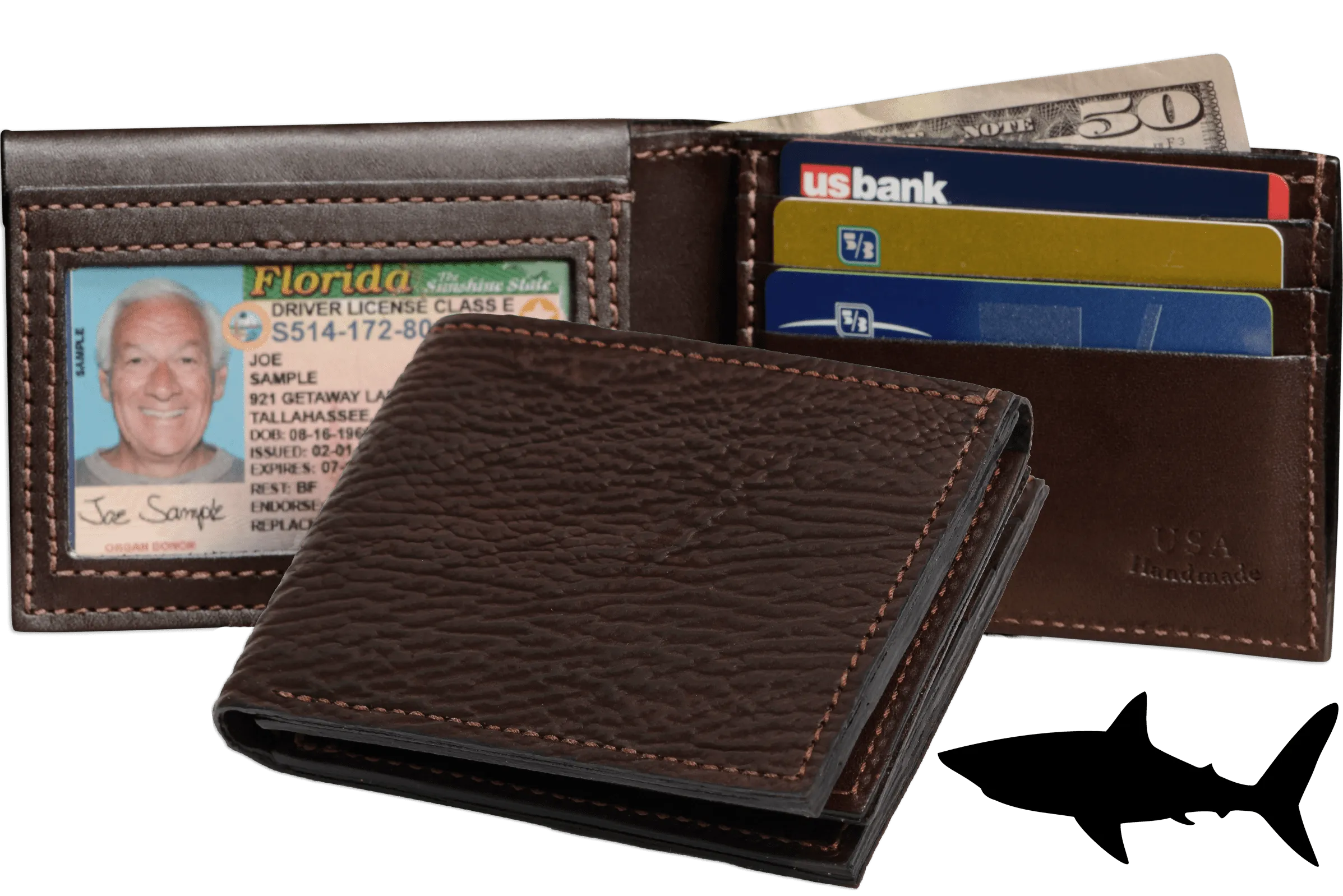 Brown Shark Luxury Designer Exotic Bifold Wallet With Flip Up ID Window