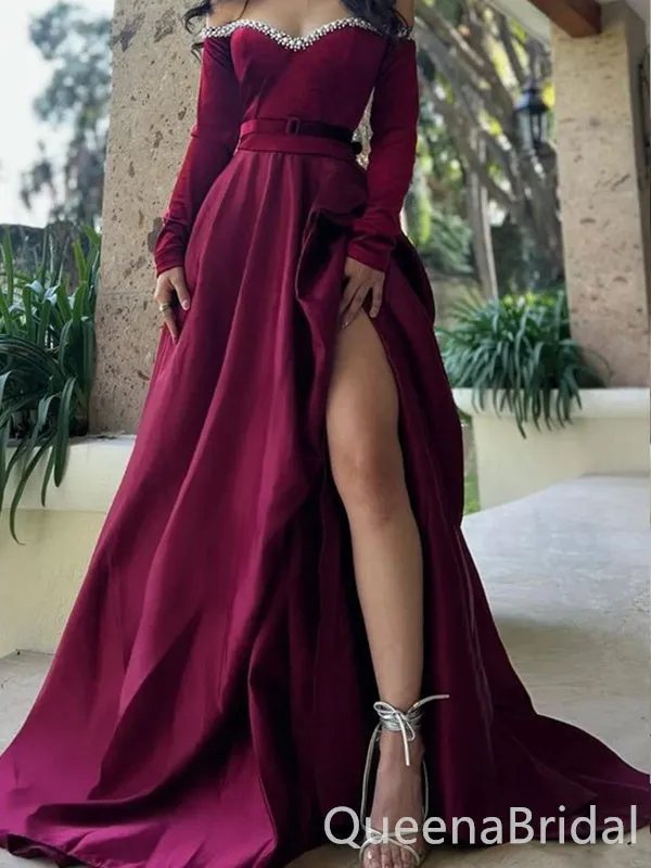 Burgundy Strapless Long Sleeves Beaded A-line Party Dress Long Prom Dresses to Impress ,WGP1514