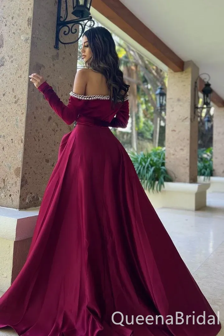 Burgundy Strapless Long Sleeves Beaded A-line Party Dress Long Prom Dresses to Impress ,WGP1514