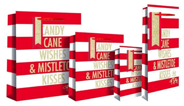 Candy Cane Wishes & Mistletoe Kisses Luxury Bottle Gift Bag 13 x 9 x 36cm - Red & White Candy Stripe