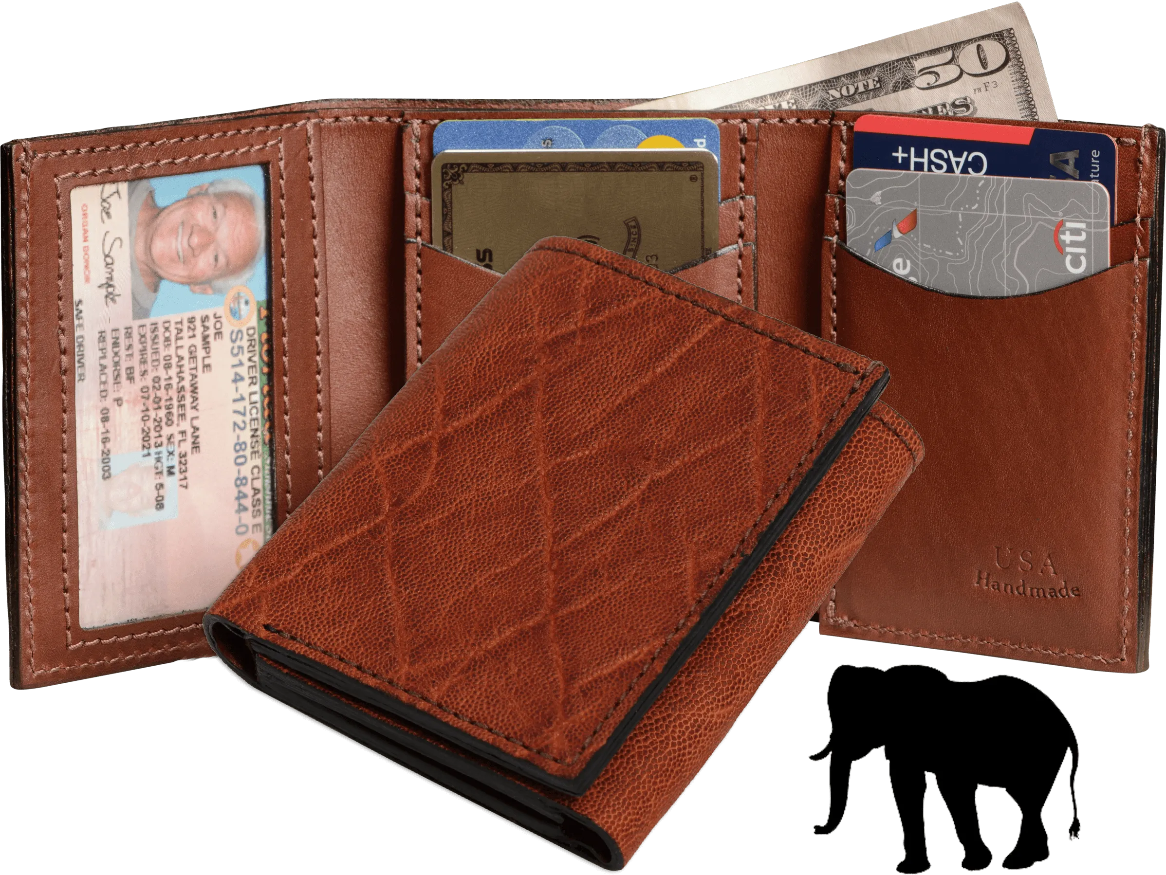 Caramel Brown Elephant Luxury Designer Exotic Trifold Wallet With ID Window