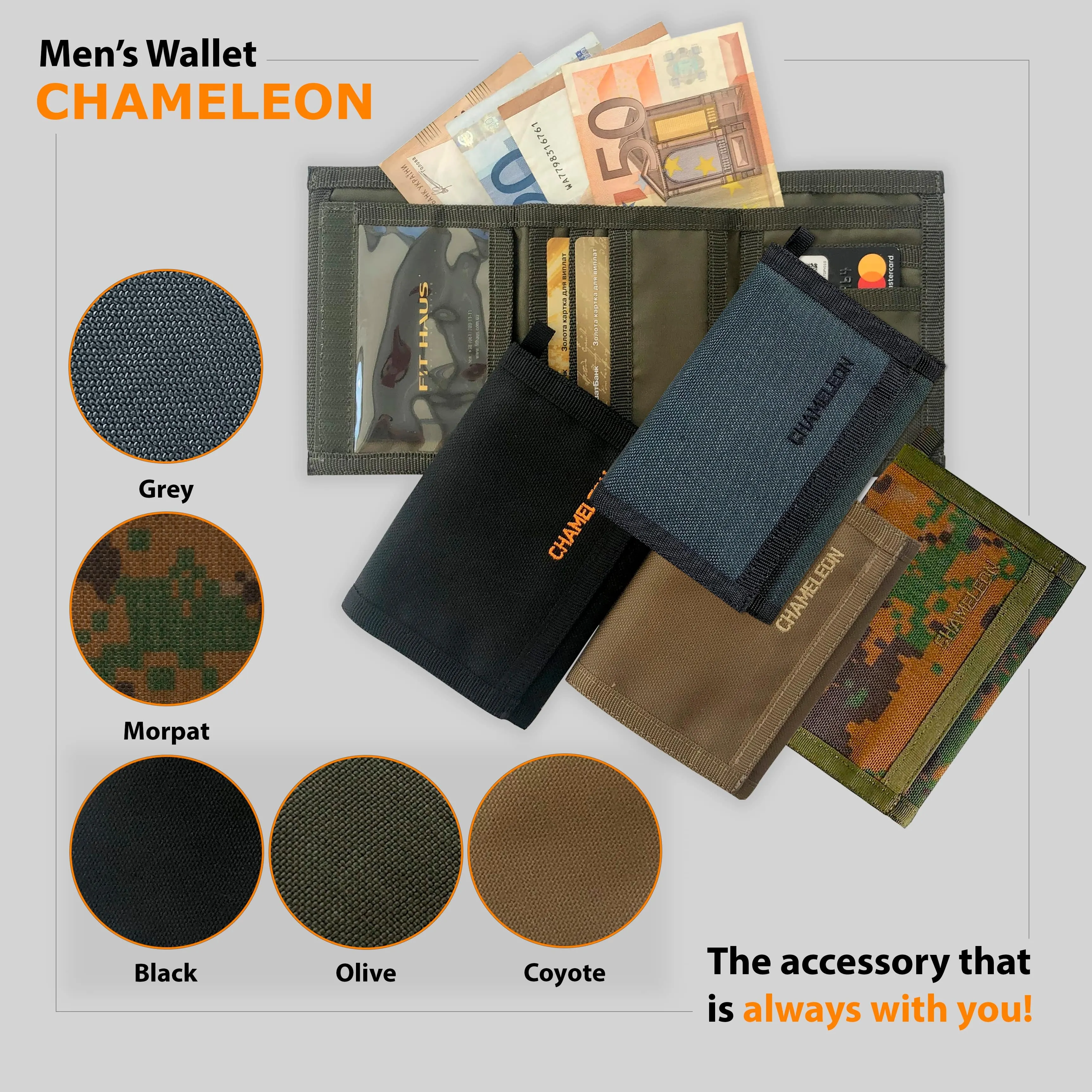 Chameleon Velcro Trifold Mens Wallet-Military Tactical Men Wallets- ID Card Holder - Canvas Thin Front Pocket Travel Wallet-Coin Zipper Pocket-Grey