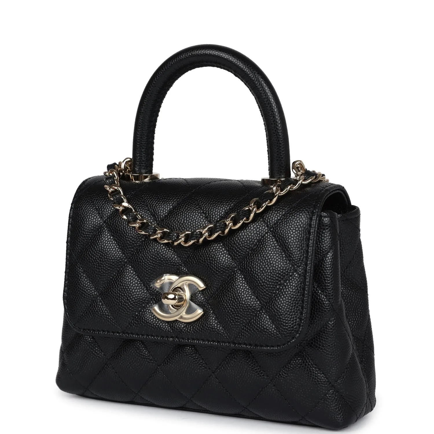 Chanel Nano Coco Top Handle Flap Bag Black Caviar Light Gold Hardware