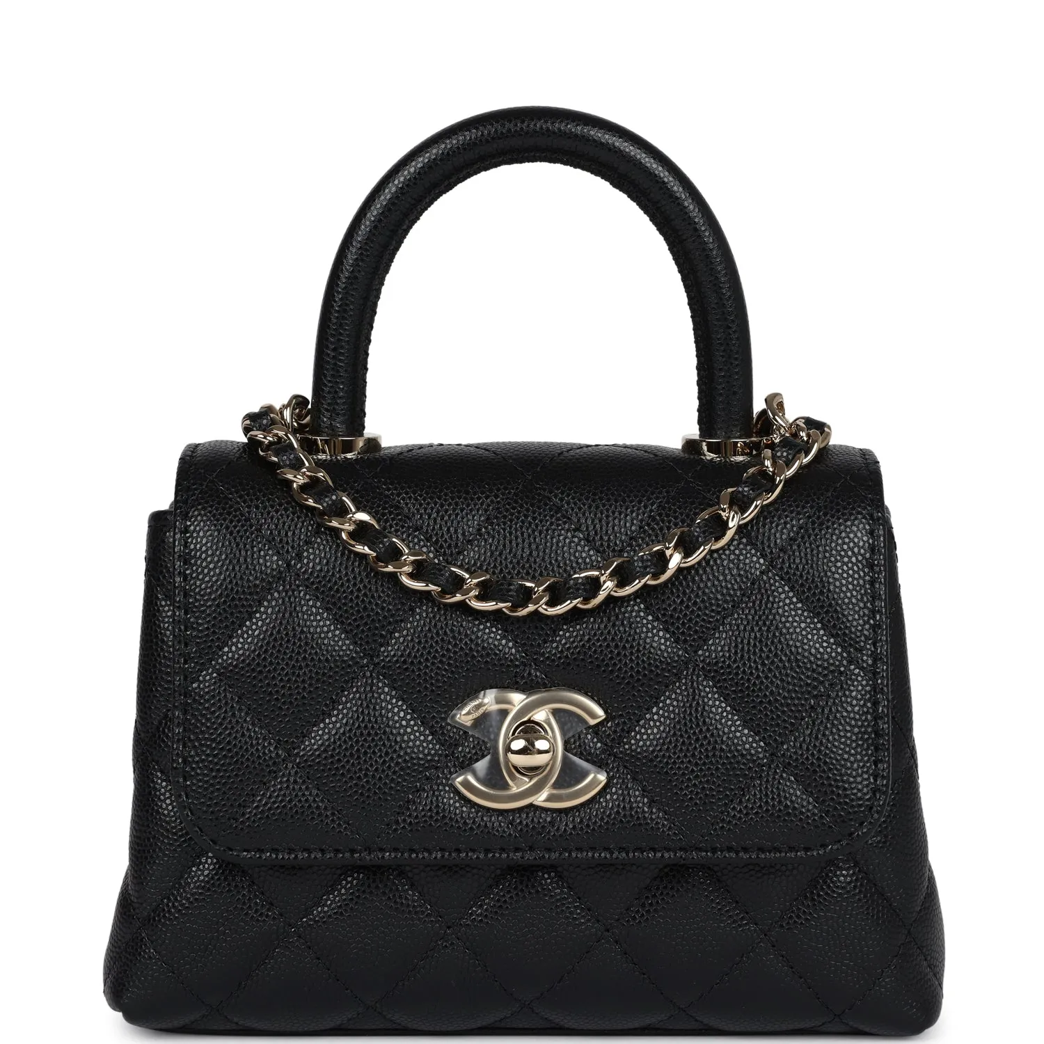 Chanel Nano Coco Top Handle Flap Bag Black Caviar Light Gold Hardware