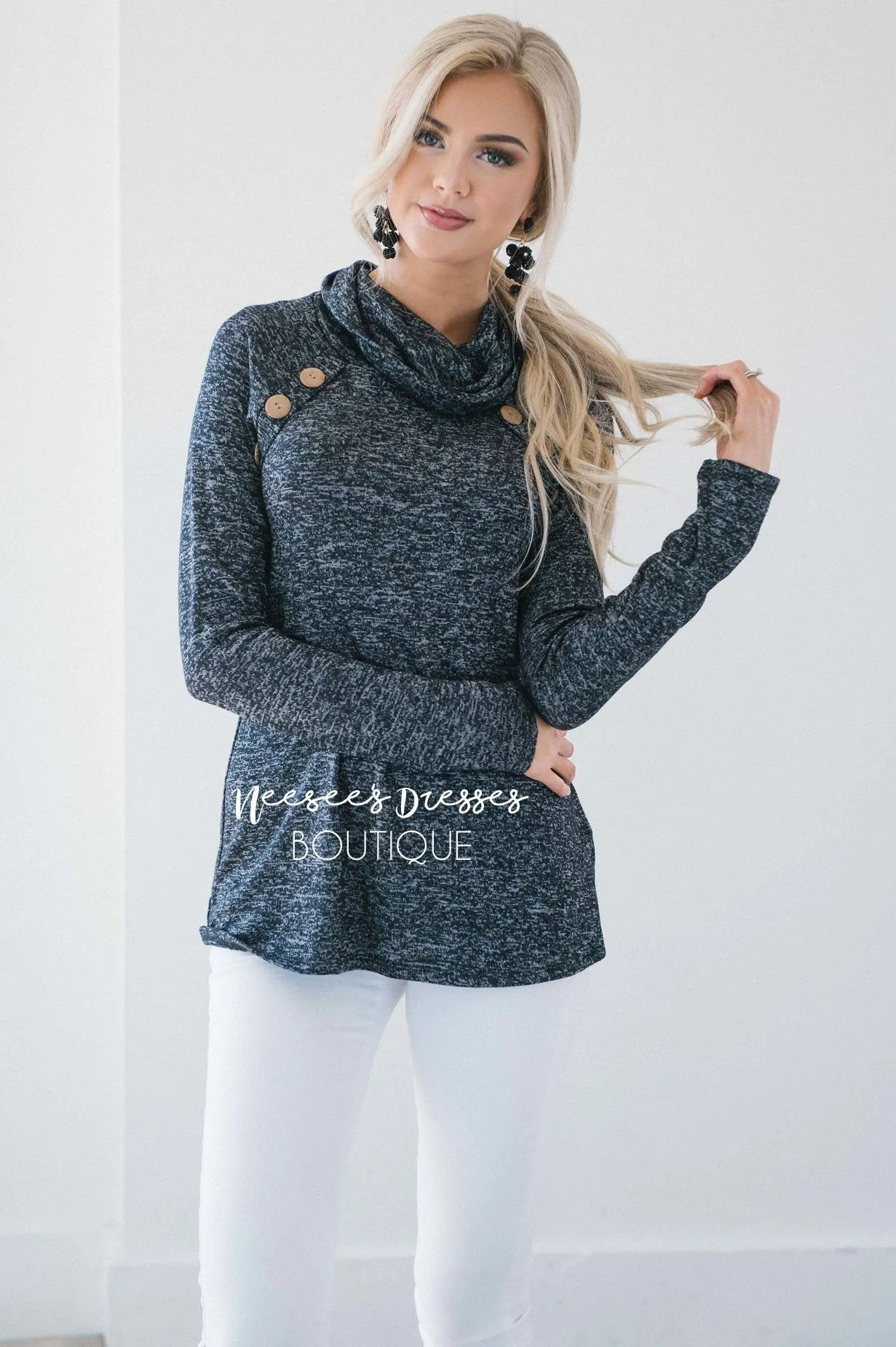 Charming Cowl Neck Button Sweater