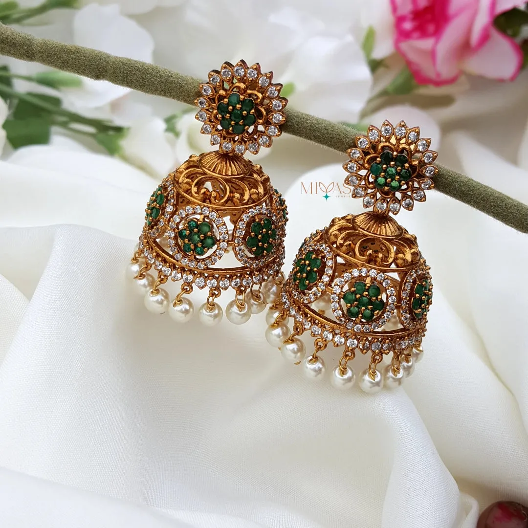 Charming Look AD Stone Jhumka - Green