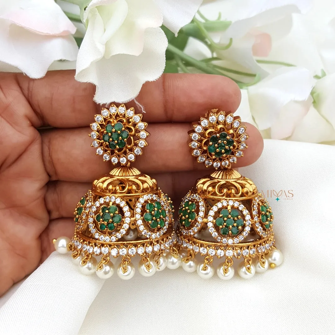 Charming Look AD Stone Jhumka - Green