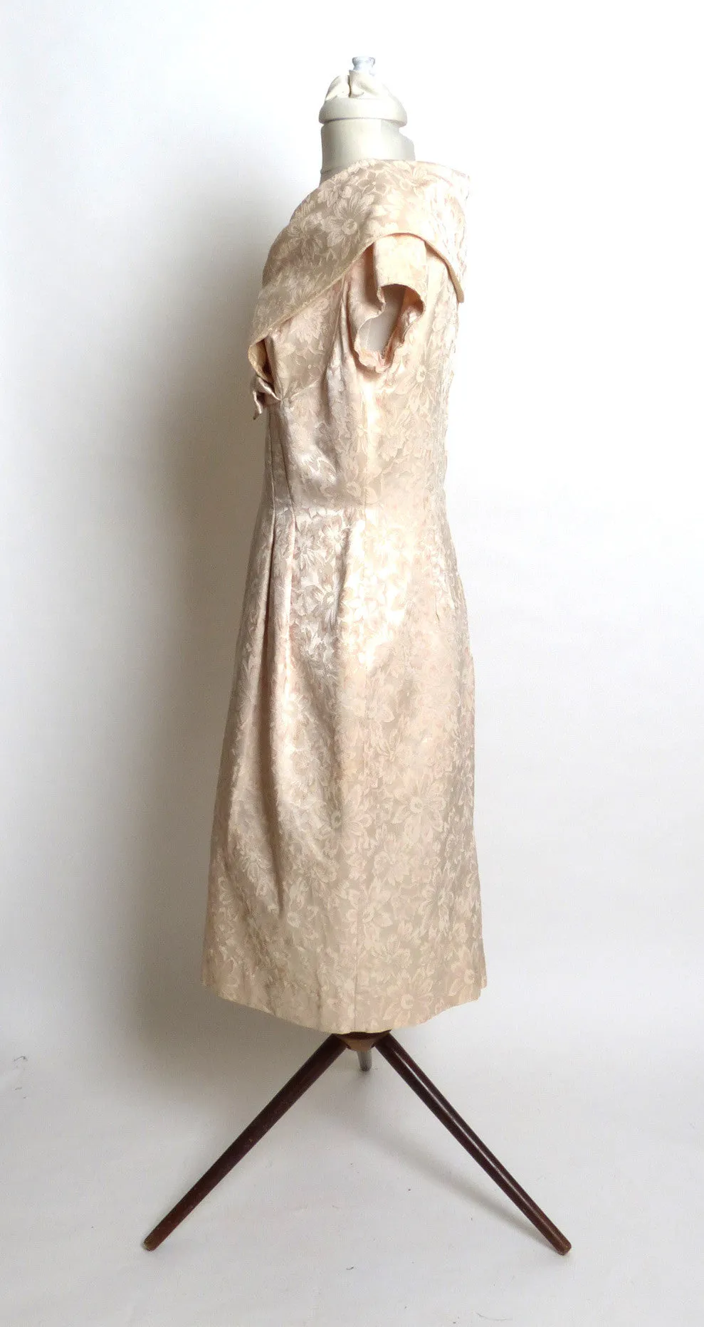 Circa 1950s Cream Brocade Shawl-Collared Dress