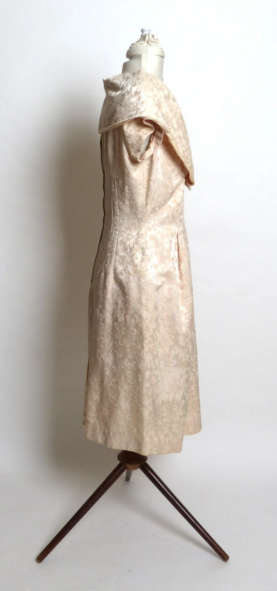 Circa 1950s Cream Brocade Shawl-Collared Dress