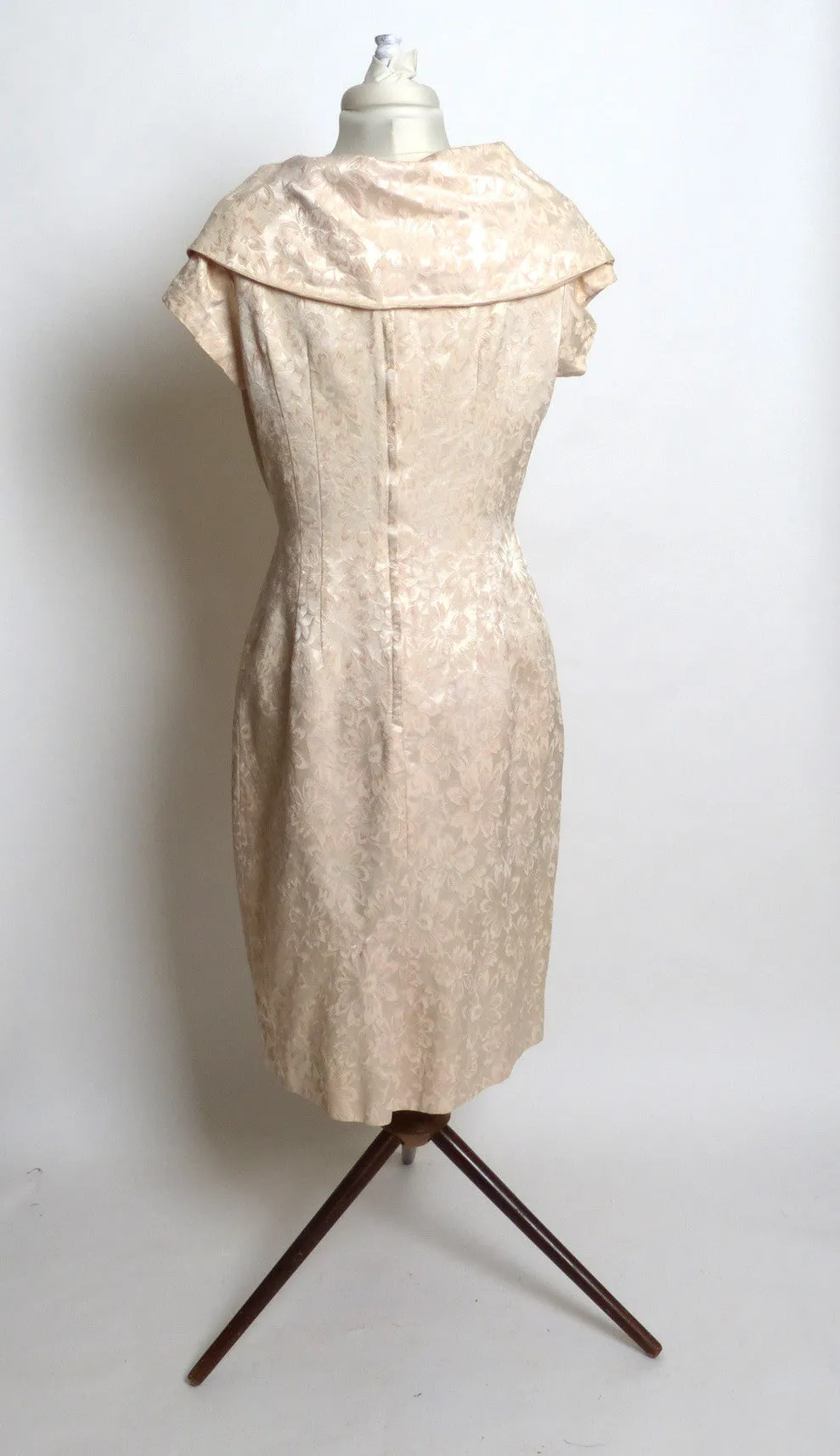 Circa 1950s Cream Brocade Shawl-Collared Dress