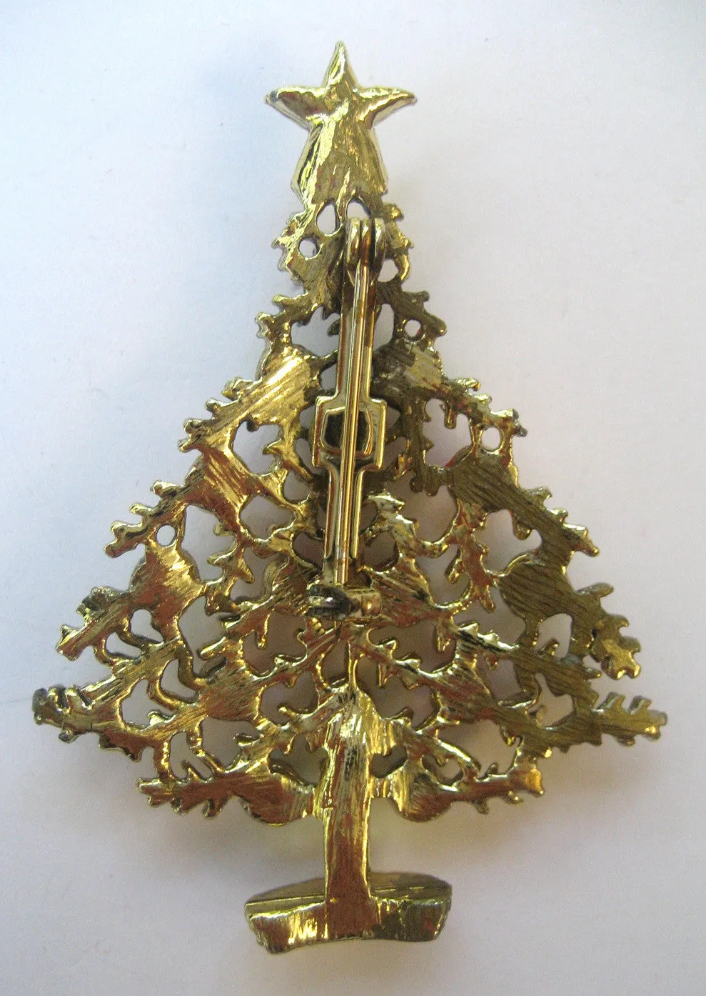 Coral and Green Gold-Tone Christmas Tree Brooch/Pin