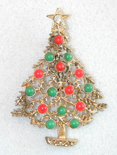 Coral and Green Gold-Tone Christmas Tree Brooch/Pin