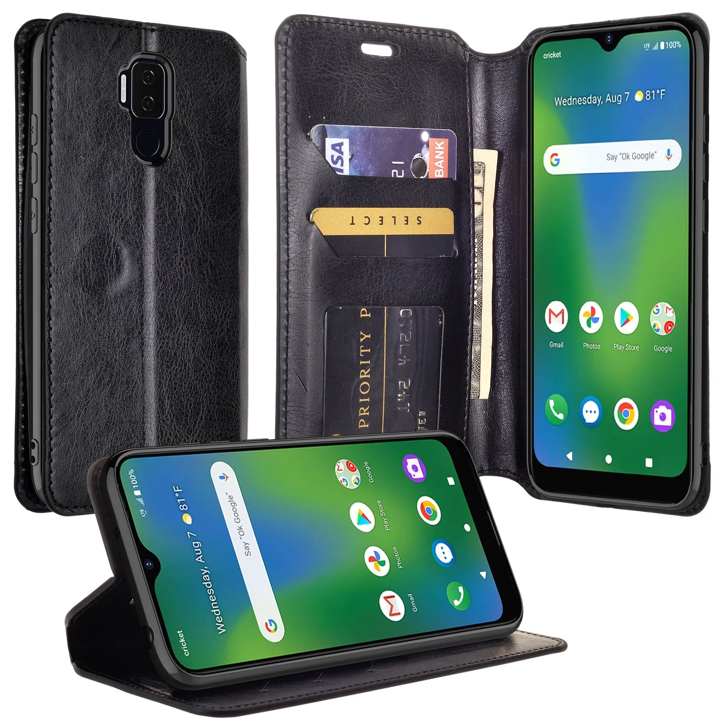 Cricket Influence Case, AT&T Maestro Plus Wallet Case, Pu Leather Wallet Case [Kickstand] with ID & Credit Card Slots for Cricket Influence / AT&T Maestro Plus  - Black