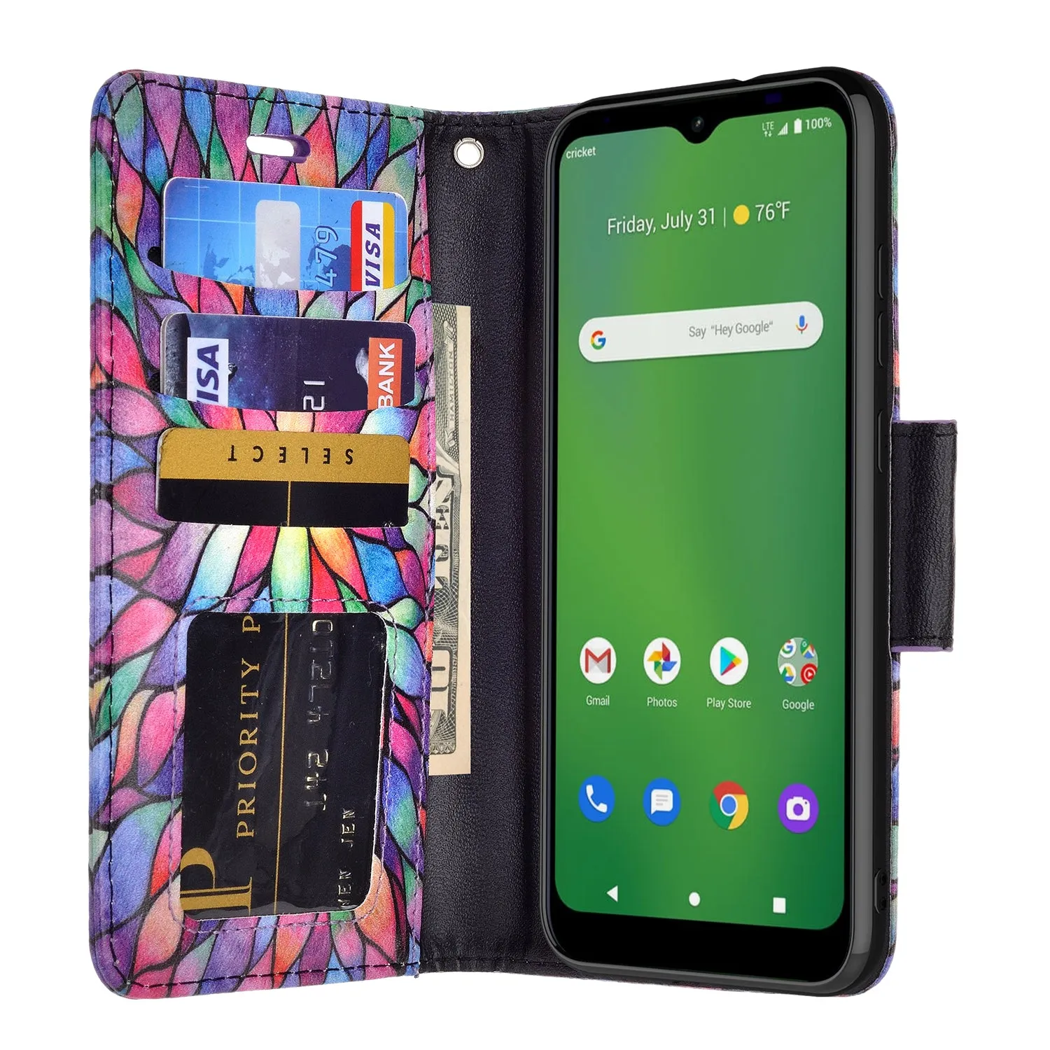 Cricket Ovation Case, AT&T Radiant Max Wallet Case, Wrist Strap Pu Leather Wallet Case [Kickstand] with ID & Credit Card Slots - Rainbow Flower