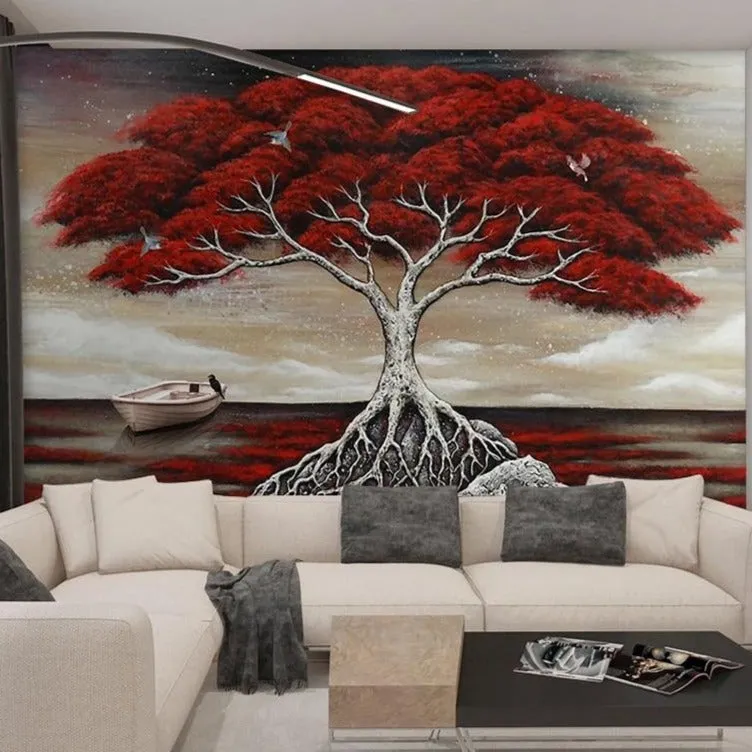 Custom Wallpaper Mural Red Floral Tree (㎡)