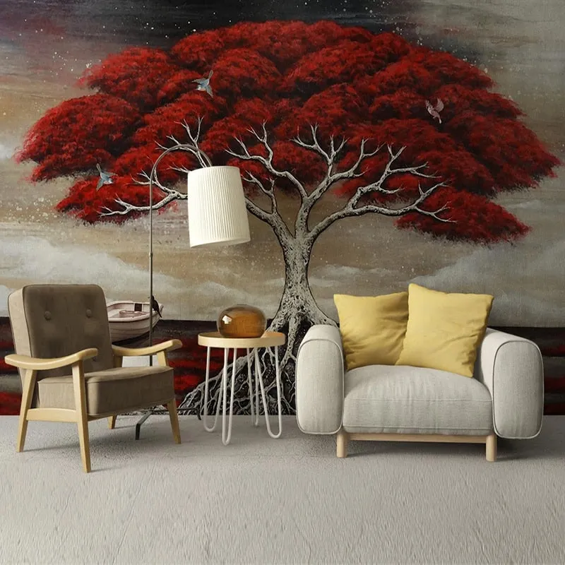 Custom Wallpaper Mural Red Floral Tree (㎡)