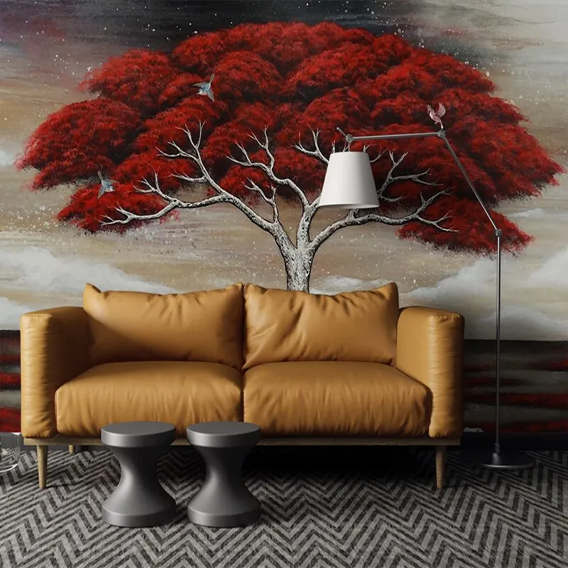 Custom Wallpaper Mural Red Floral Tree (㎡)