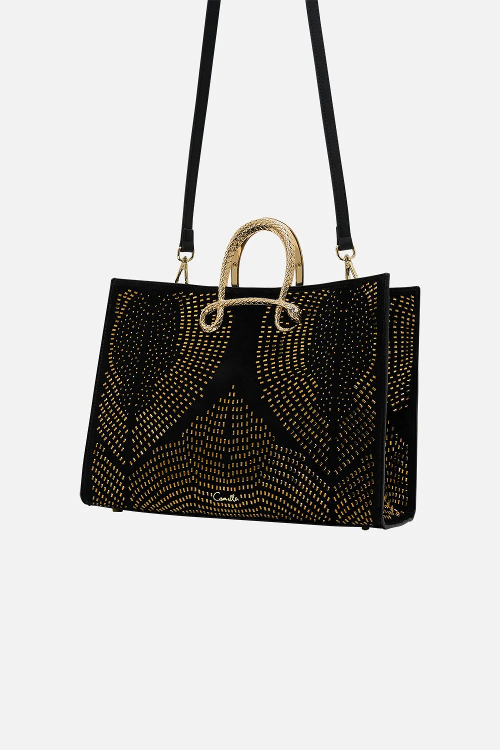 EAST WEST TOTE WITH SNAKE HANDLE SOLID BLACK