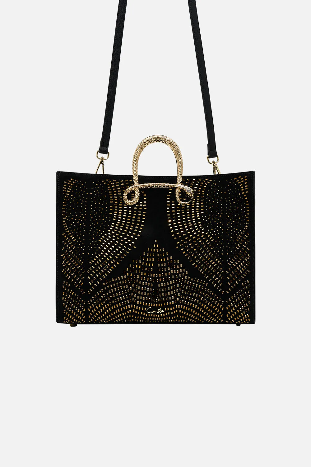 EAST WEST TOTE WITH SNAKE HANDLE SOLID BLACK