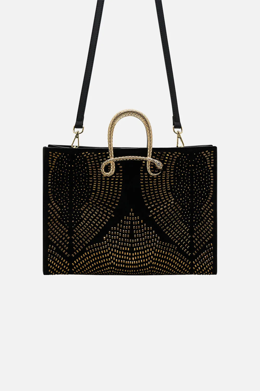 EAST WEST TOTE WITH SNAKE HANDLE SOLID BLACK