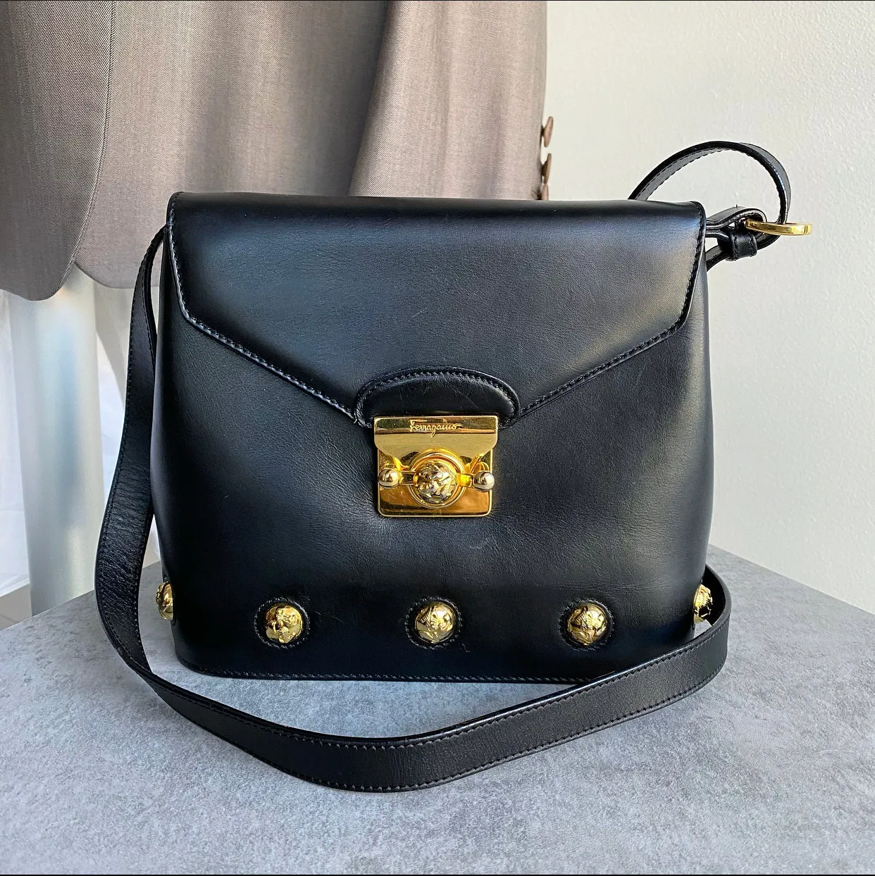 Ferragamo Small Black and Gold Stud Vintage Bag