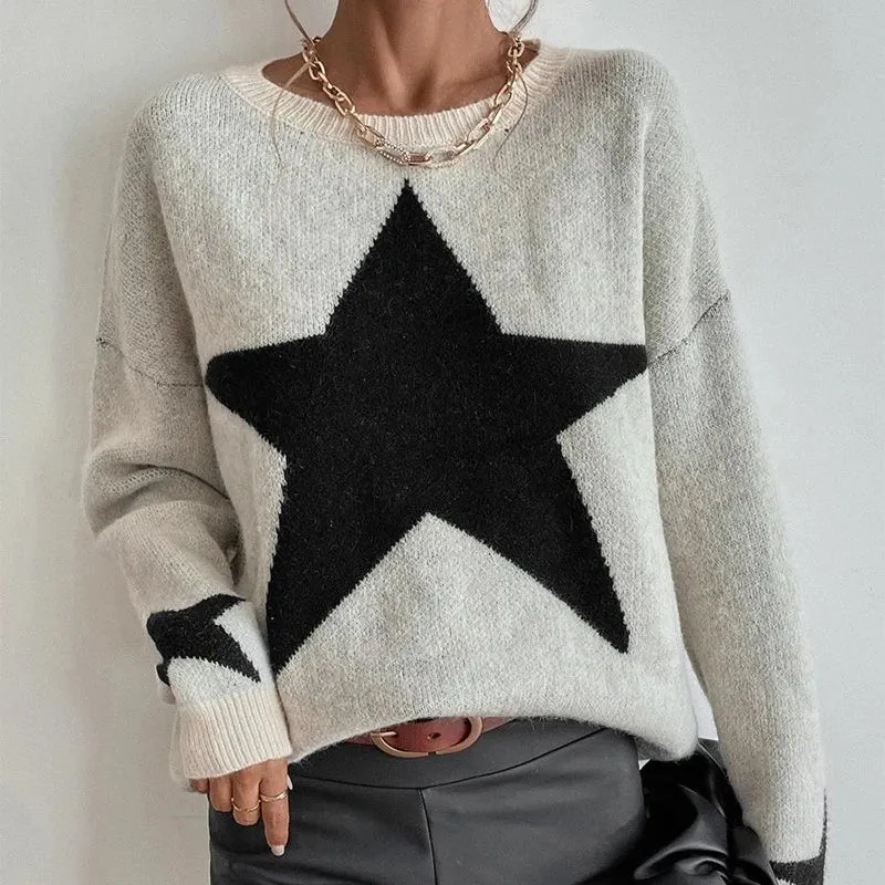 Flytonn-00s Vintage Y2K Pentagram Print Knit Ribbed Pullovers Long Sleeve O-neck Women Harajuku Aesthetic Jumpers 2023 Winter Streetwear