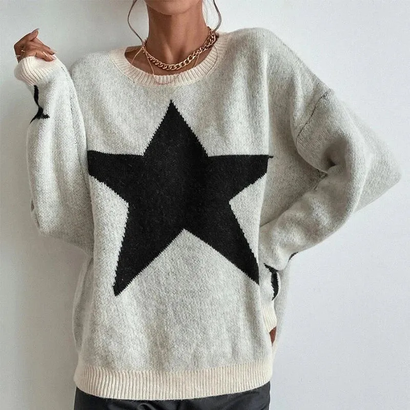 Flytonn-00s Vintage Y2K Pentagram Print Knit Ribbed Pullovers Long Sleeve O-neck Women Harajuku Aesthetic Jumpers 2023 Winter Streetwear