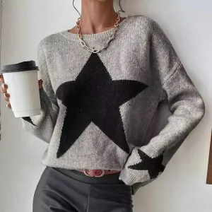 Flytonn-00s Vintage Y2K Pentagram Print Knit Ribbed Pullovers Long Sleeve O-neck Women Harajuku Aesthetic Jumpers 2023 Winter Streetwear