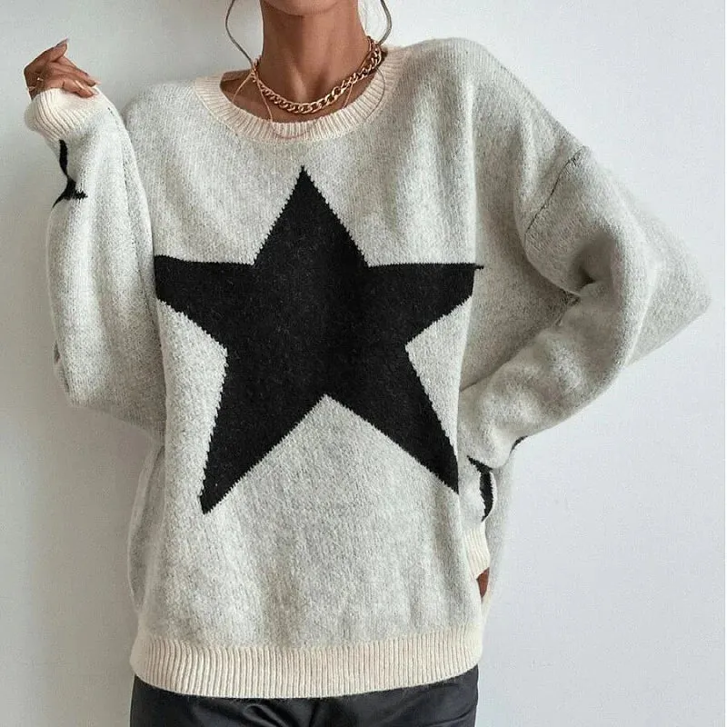 Flytonn-00s Vintage Y2K Pentagram Print Knit Ribbed Pullovers Long Sleeve O-neck Women Harajuku Aesthetic Jumpers 2023 Winter Streetwear