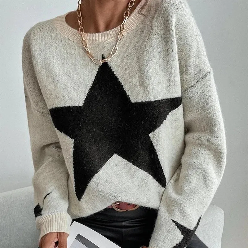 Flytonn-00s Vintage Y2K Pentagram Print Knit Ribbed Pullovers Long Sleeve O-neck Women Harajuku Aesthetic Jumpers 2023 Winter Streetwear